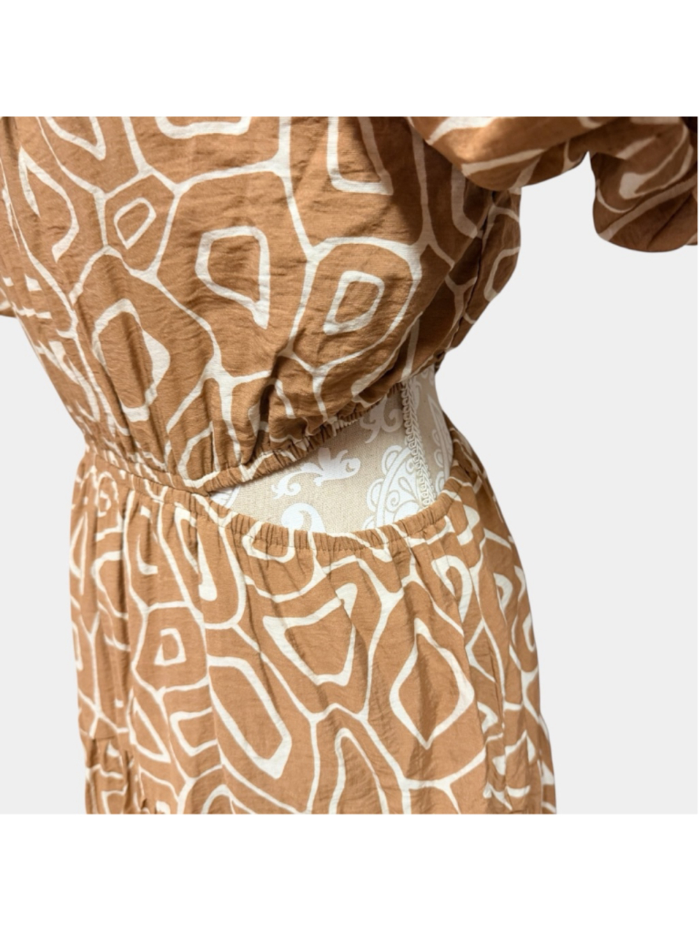 Boho Cutout Mini Dress Brown Abstract Print Puff Sleeve Festival L - Picture 14 of 16
